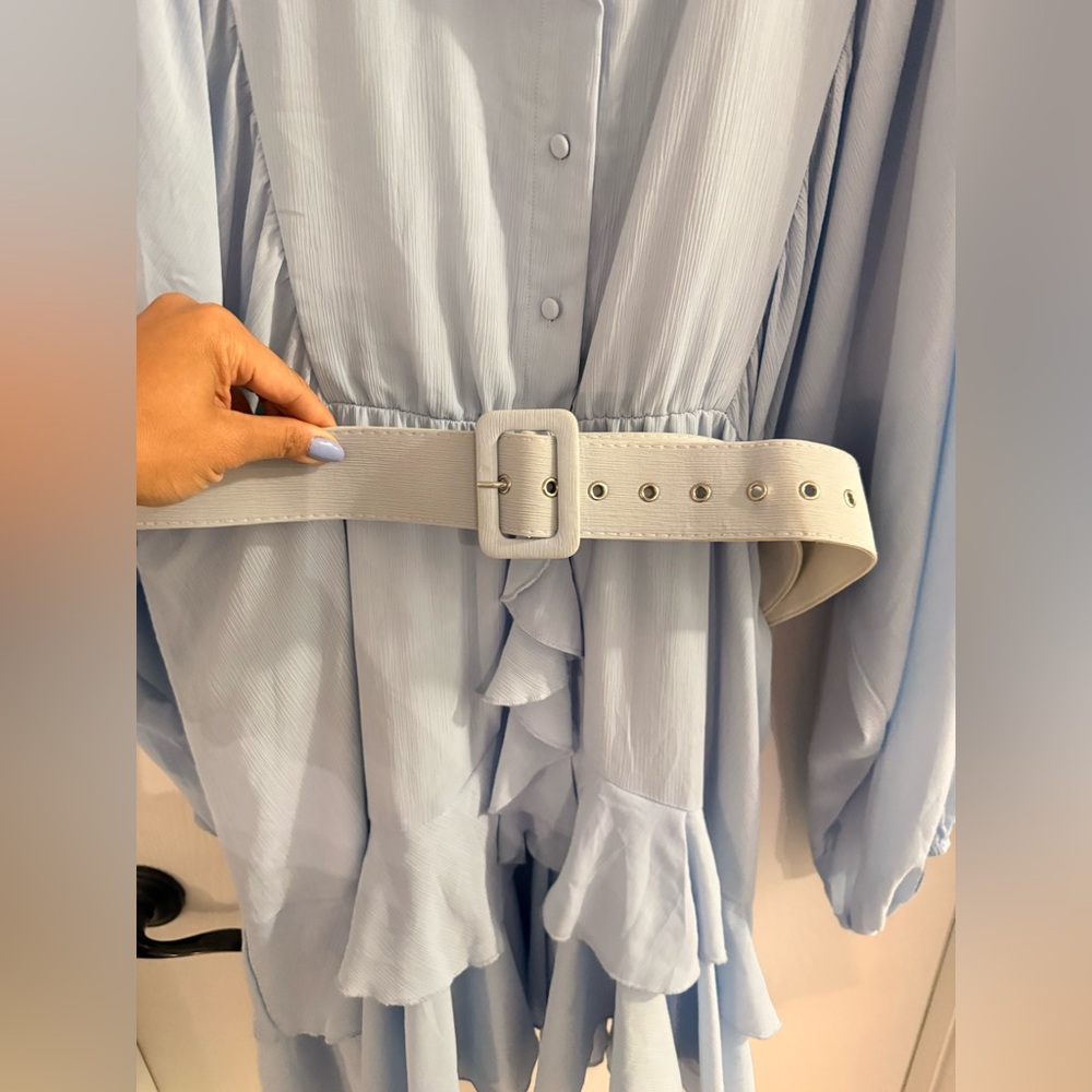 Simplee Plus-Sized Light Blue Ruffled Belted Dress - Picture 3 of 6